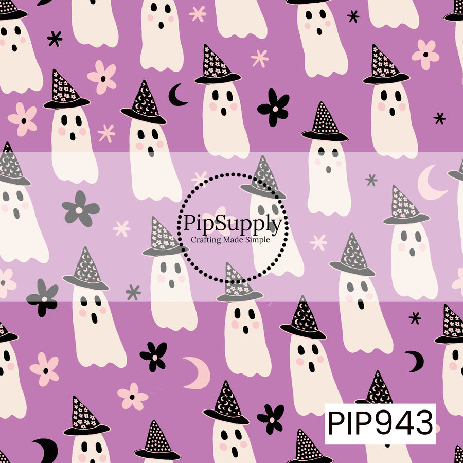 Cute white ghosts wearing patterned witch hats are scattered across a purple background with pink and black flowers, crescent moons, and tiny stars, creating a playful, sweet Halloween seamless design.
