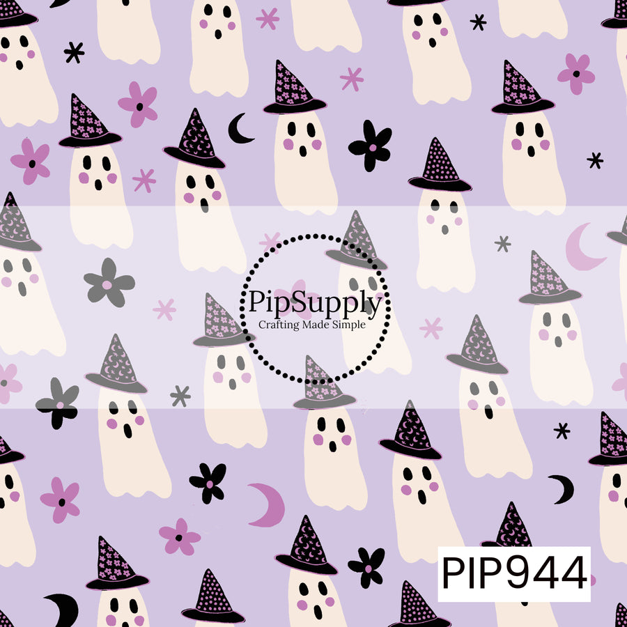 Cute white ghosts wearing patterned witch hats are scattered across a soft lavender background with black and purple flowers, crescent moons, and tiny stars, creating a whimsical, sweet Halloween seamless design.
