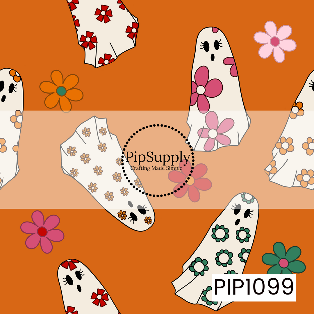 A playful seamless pattern featuring adorable ghosts dressed in colorful retro floral prints on a vibrant orange background. Bright flower accents and a vintage-inspired color palette create a fun, whimsical Halloween design with a groovy twist.
