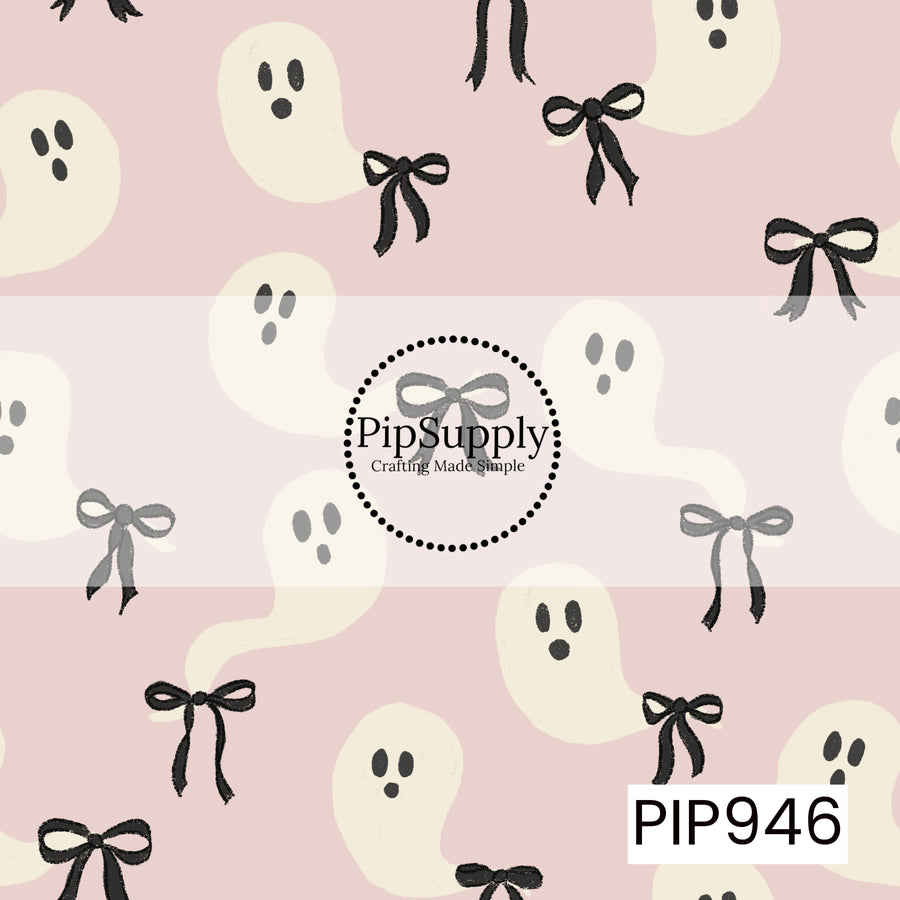 Cream-colored ghosts paired with delicate black bows are scattered across a soft blush pink background, creating a simple, sweet Halloween seamless design with a charming vintage feel.
