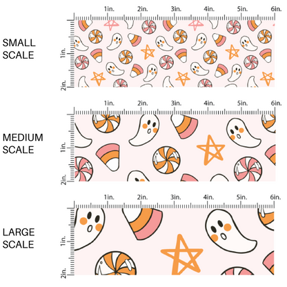 Light pink fabric by the yard scaled image guide with animated ghosts, Halloween candies, and stars.