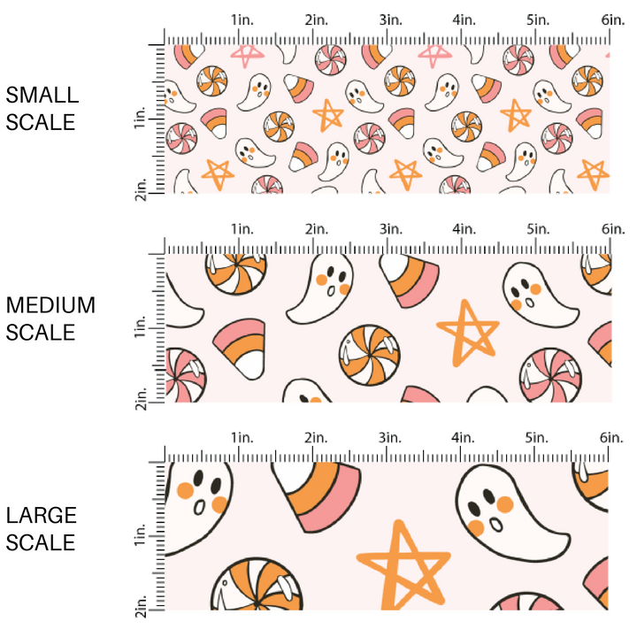 Light pink fabric by the yard scaled image guide with animated ghosts, Halloween candies, and stars.