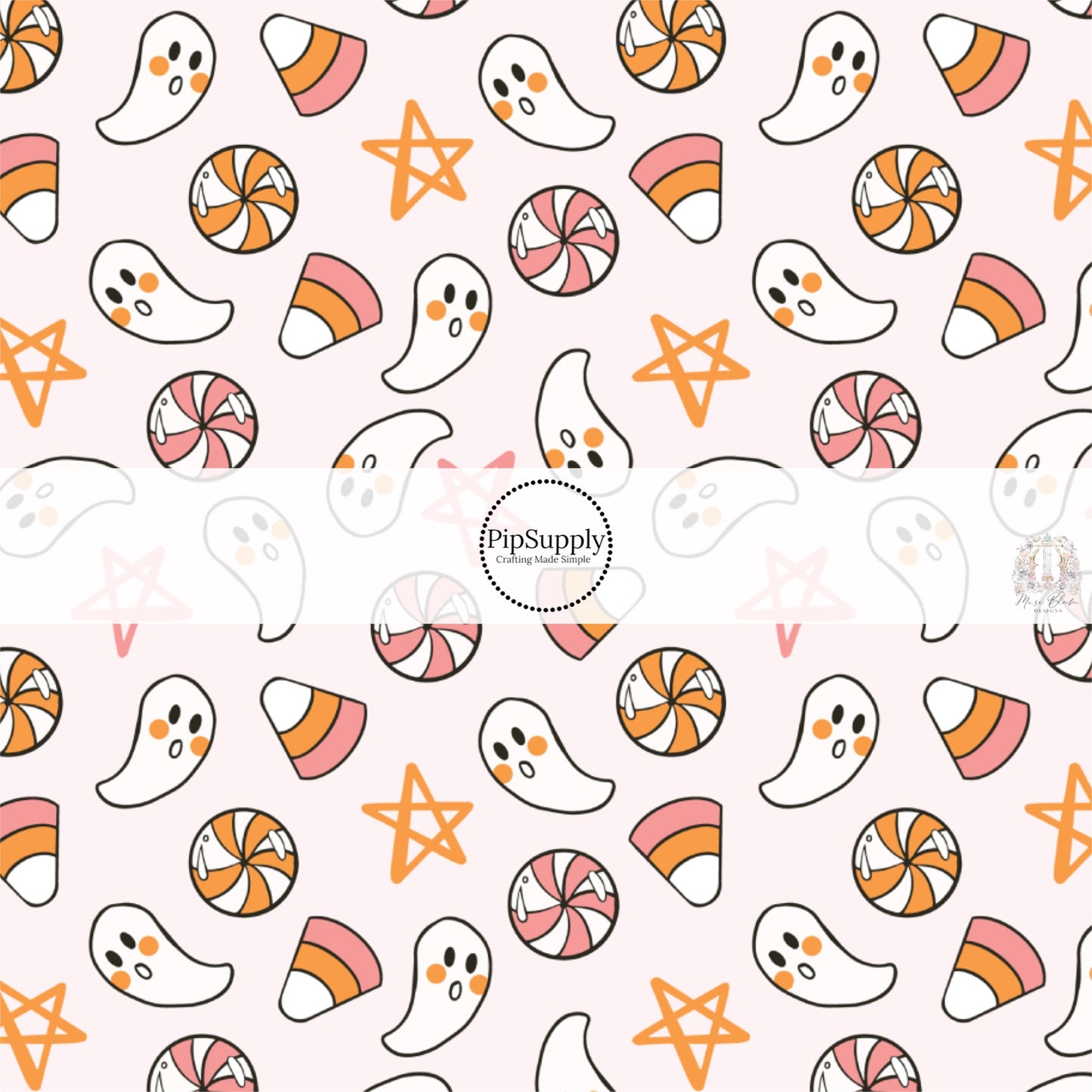 Light pink fabric by the yard with animated ghosts, Halloween candies, and stars.