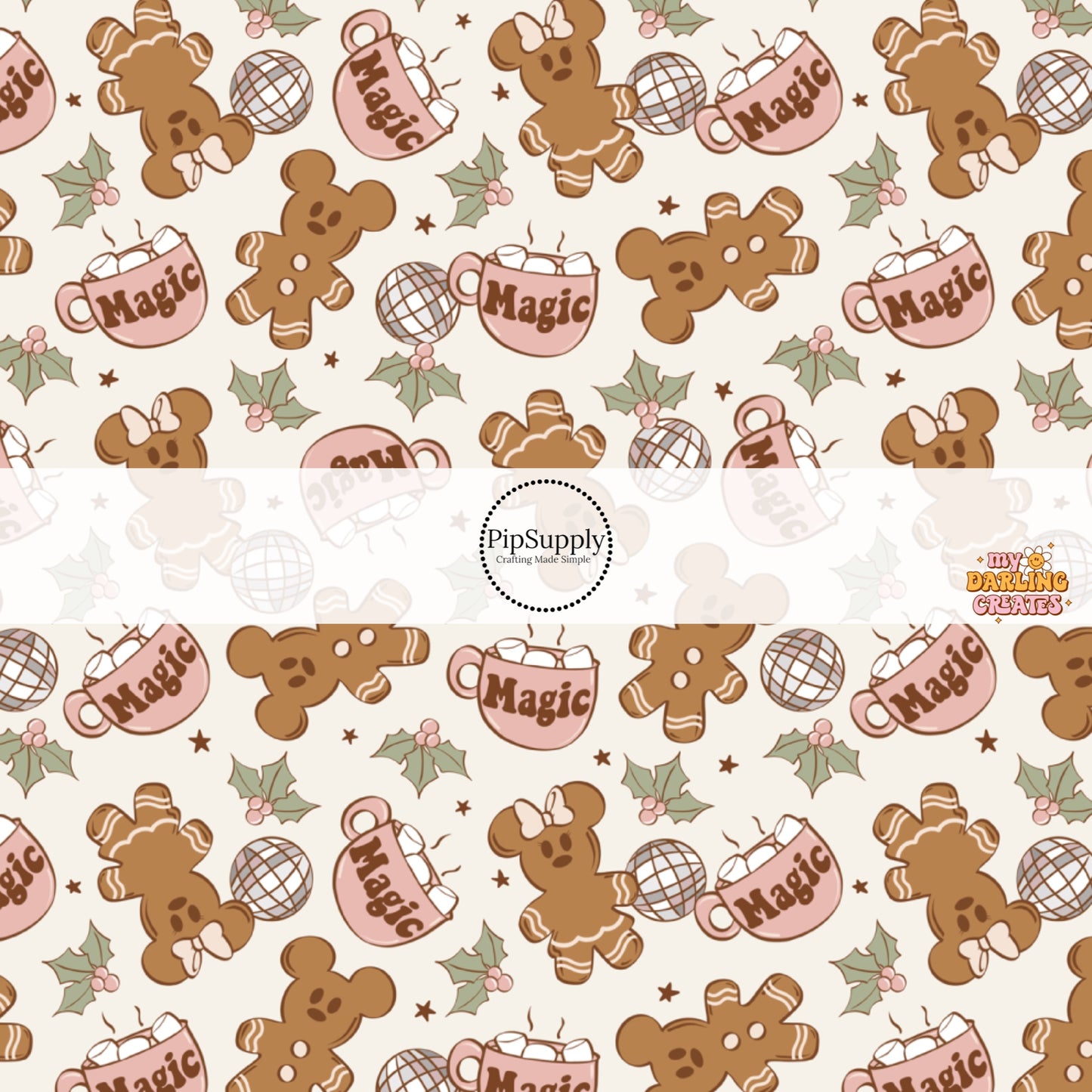 Cream fabric by the yard with gingerbread mouse cookies, holly leaves, disco balls, and stars.