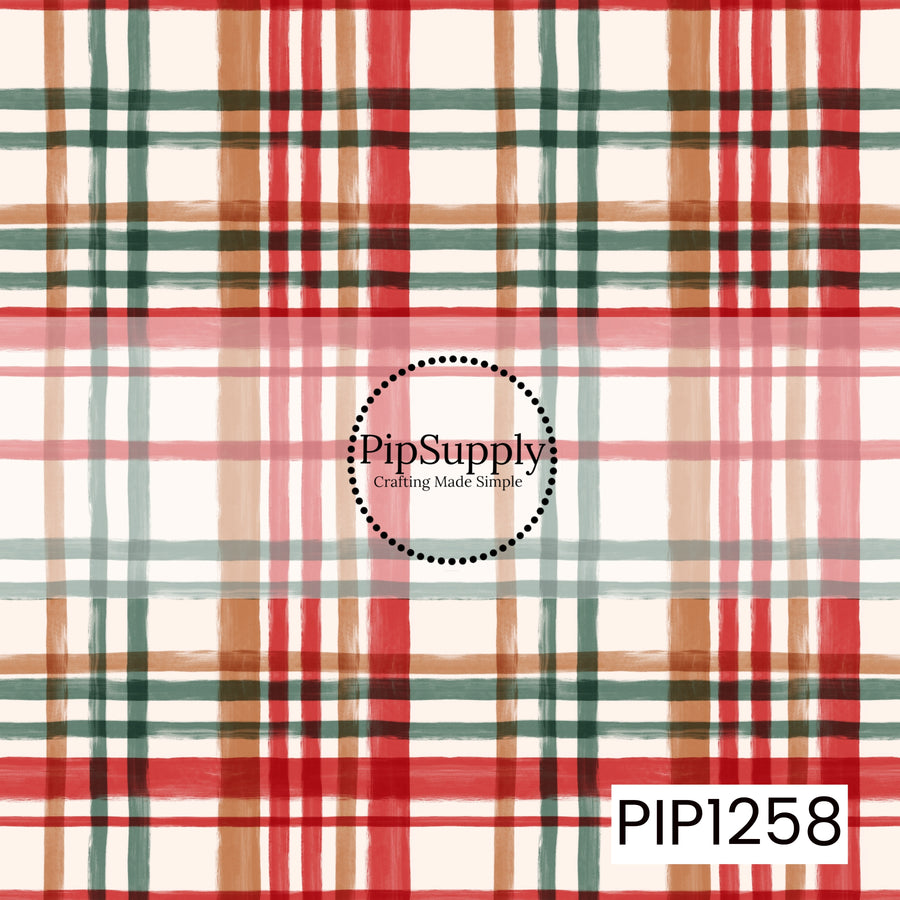 A hand-painted holiday plaid featuring layered brushstroke stripes in festive red, deep green, warm gingerbread brown, and soft cream. The slightly imperfect painted lines give the classic Christmas plaid a cozy, handmade feel.

