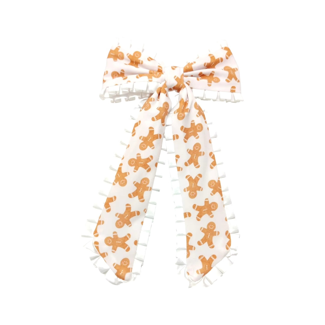 Gingerbread Ruffled Long Tail Hair Tied Bow w/ Clip