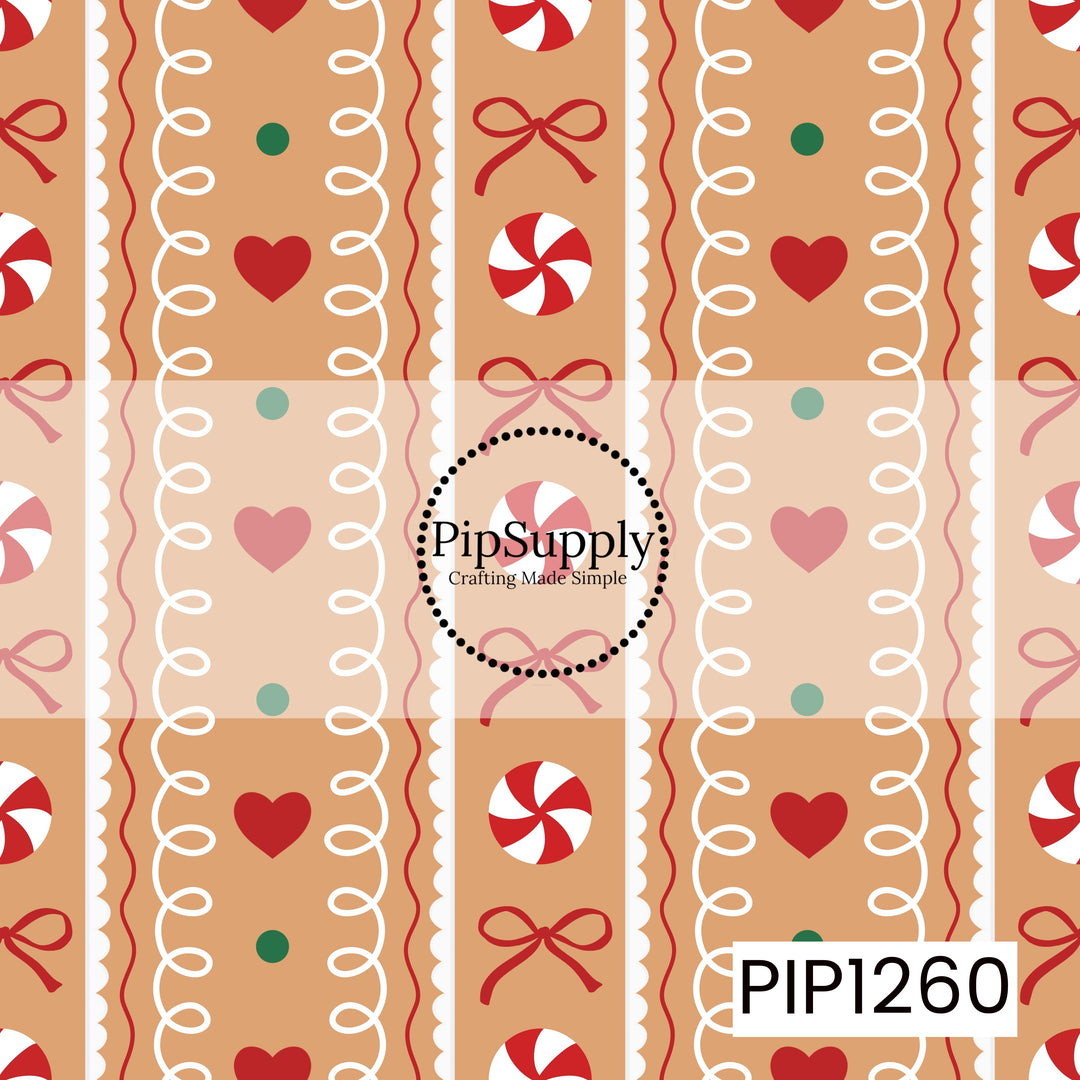 A playful gingerbread-inspired stripe featuring peppermint candies, red bows, hearts, green dots, and looping white icing details. Scalloped edges and wavy red accents create a sweet cookie-like design in warm gingerbread brown, red, green, and white.

