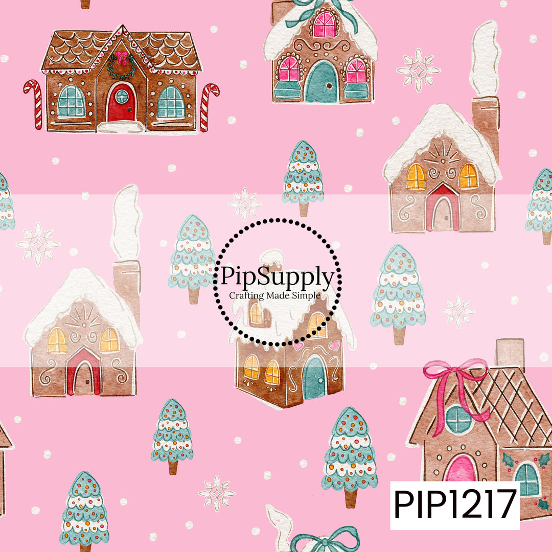 A whimsical watercolor Christmas pattern featuring charming gingerbread houses, snowy rooftops, decorated pastel trees, delicate snowflakes, and scattered snow on a cheerful pink background. Soft teal, red, pink, and warm gingerbread tones give it a sweet and playful holiday feel.
