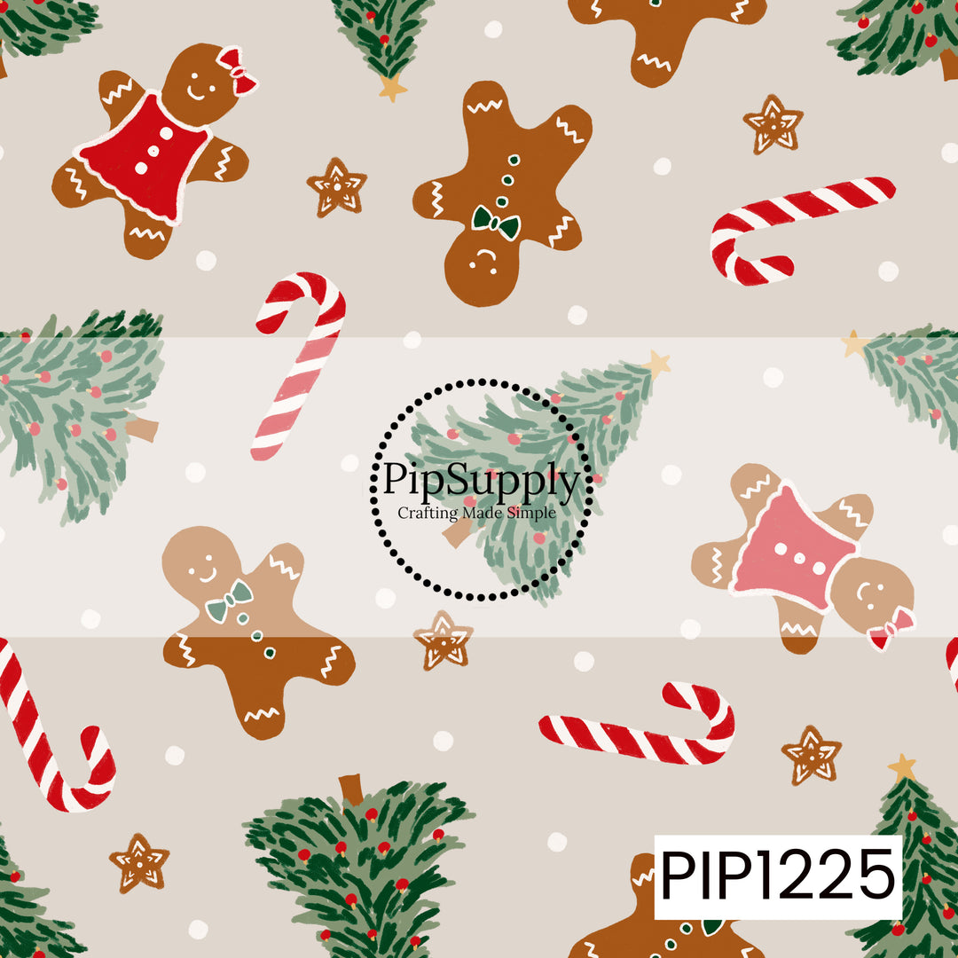 A playful Christmas pattern featuring sweet gingerbread people dressed with festive bows and outfits, candy canes, decorated evergreen trees, and gingerbread stars. Soft falling snow dots the warm neutral background, while classic red, green, and brown tones give the design a cozy holiday feel.
