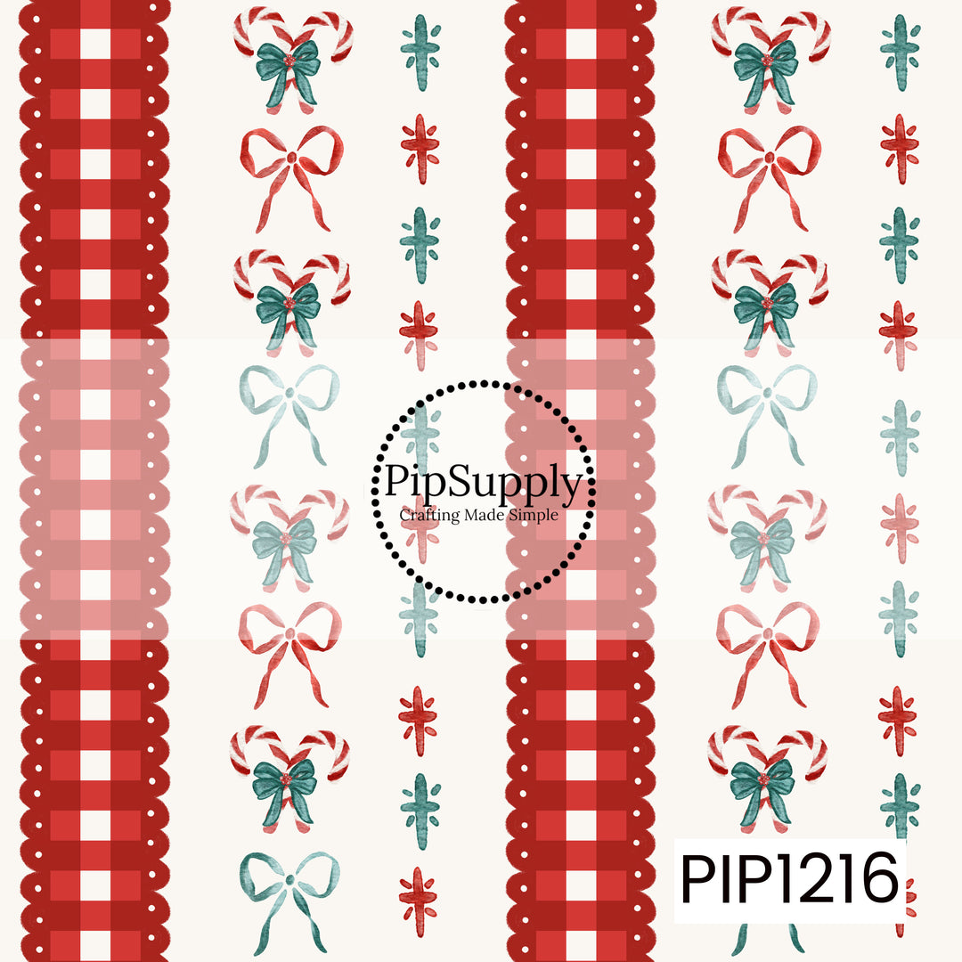 A festive watercolor stripe design featuring bold red gingham scalloped bands paired with candy canes, delicate bows, and simple starburst accents in red and soft teal. The warm cream background gives the pattern a sweet, vintage-inspired Christmas feel.
