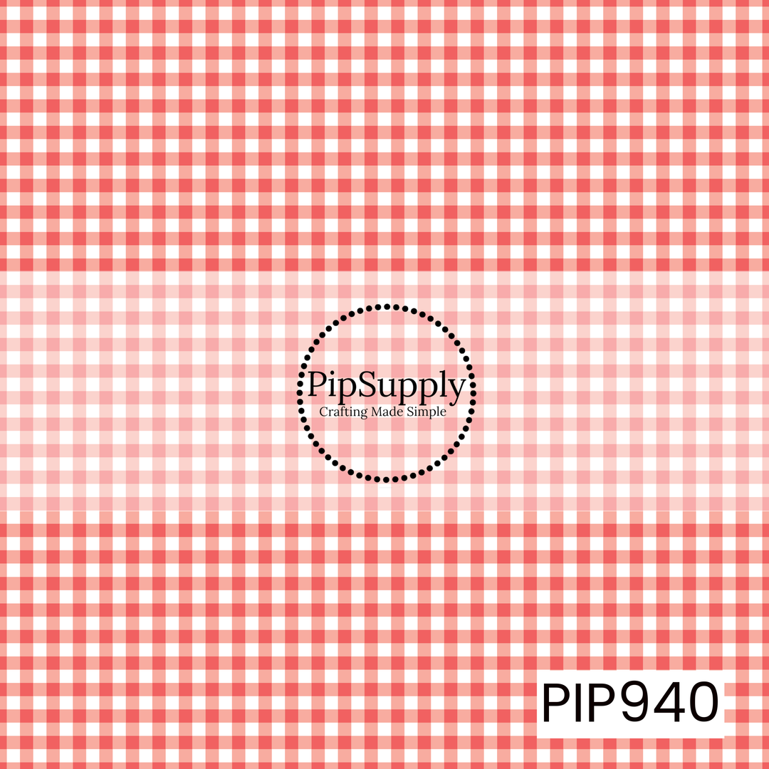 Bright coral and white gingham check pattern with evenly spaced horizontal and vertical lines, creating a classic, seamless plaid design.
