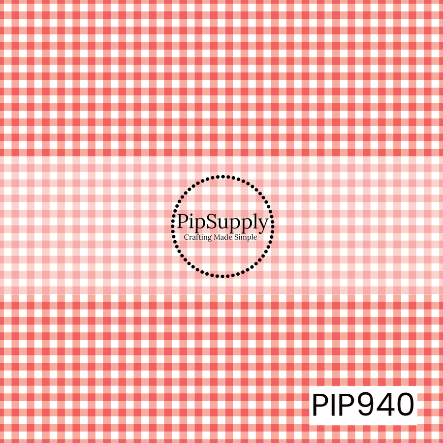 Bright coral and white gingham check pattern with evenly spaced horizontal and vertical lines, creating a classic, seamless plaid design.
