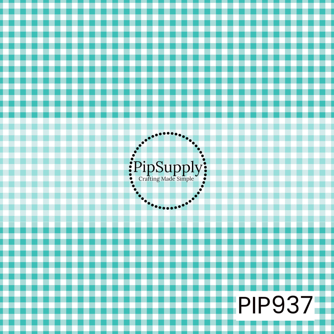 Turquoise and white gingham check pattern with evenly spaced horizontal and vertical lines, creating a classic, seamless plaid design.
