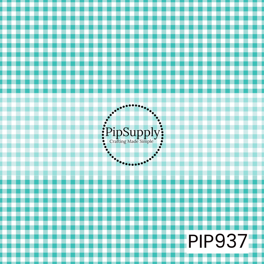 Turquoise and white gingham check pattern with evenly spaced horizontal and vertical lines, creating a classic, seamless plaid design.

