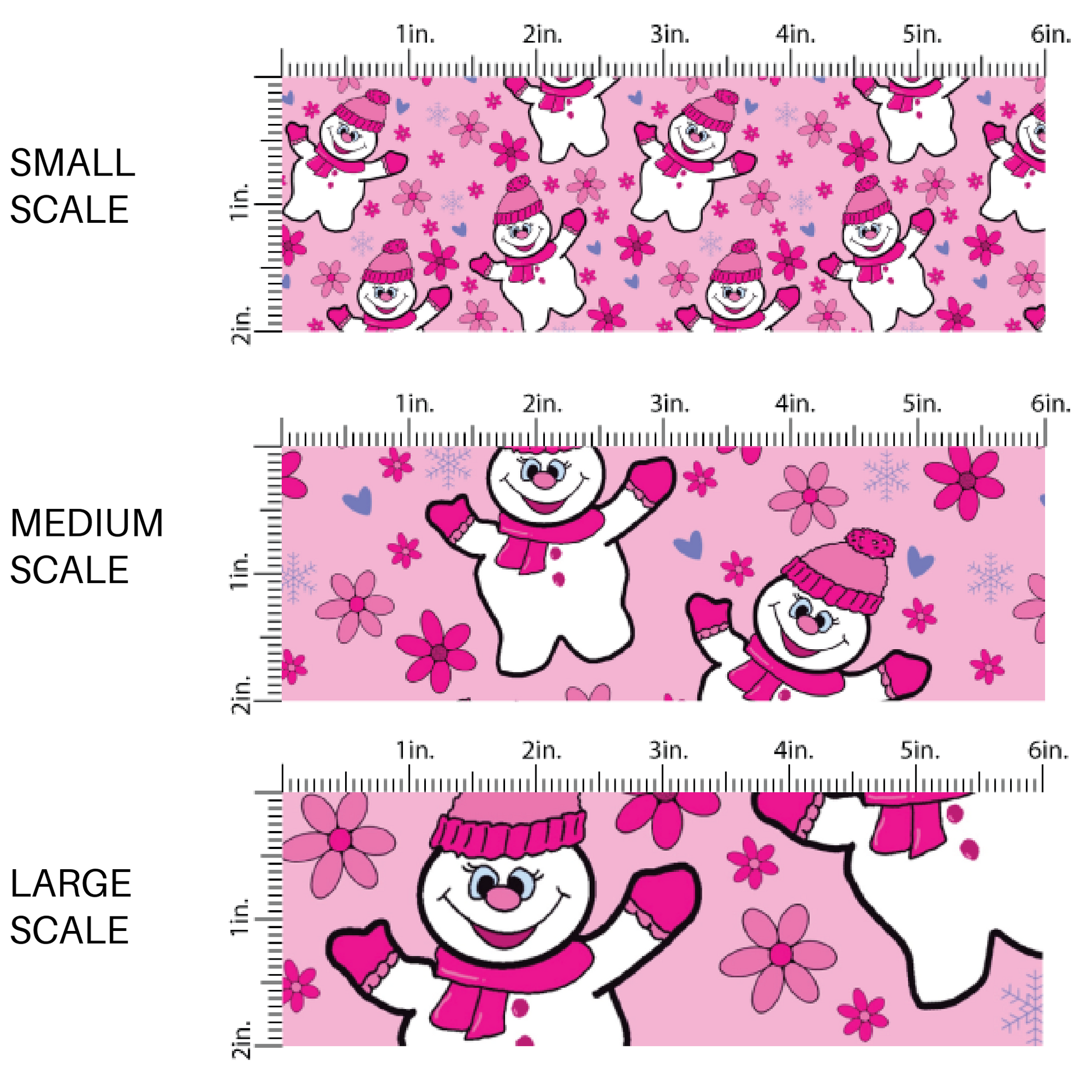 Pink fabric by the yard scaled image guide with snow-girls, florals, and hearts.