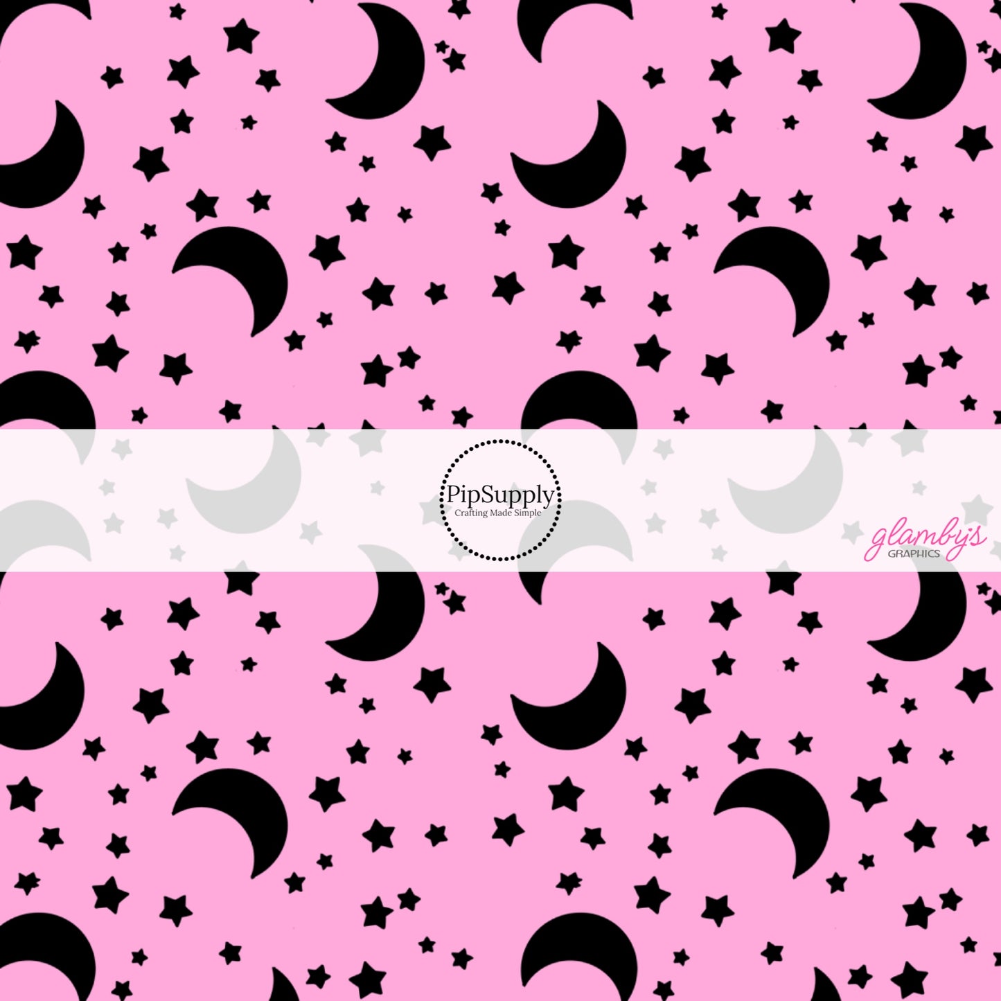 Pink fabric by the yard with black crescent moons and stars.