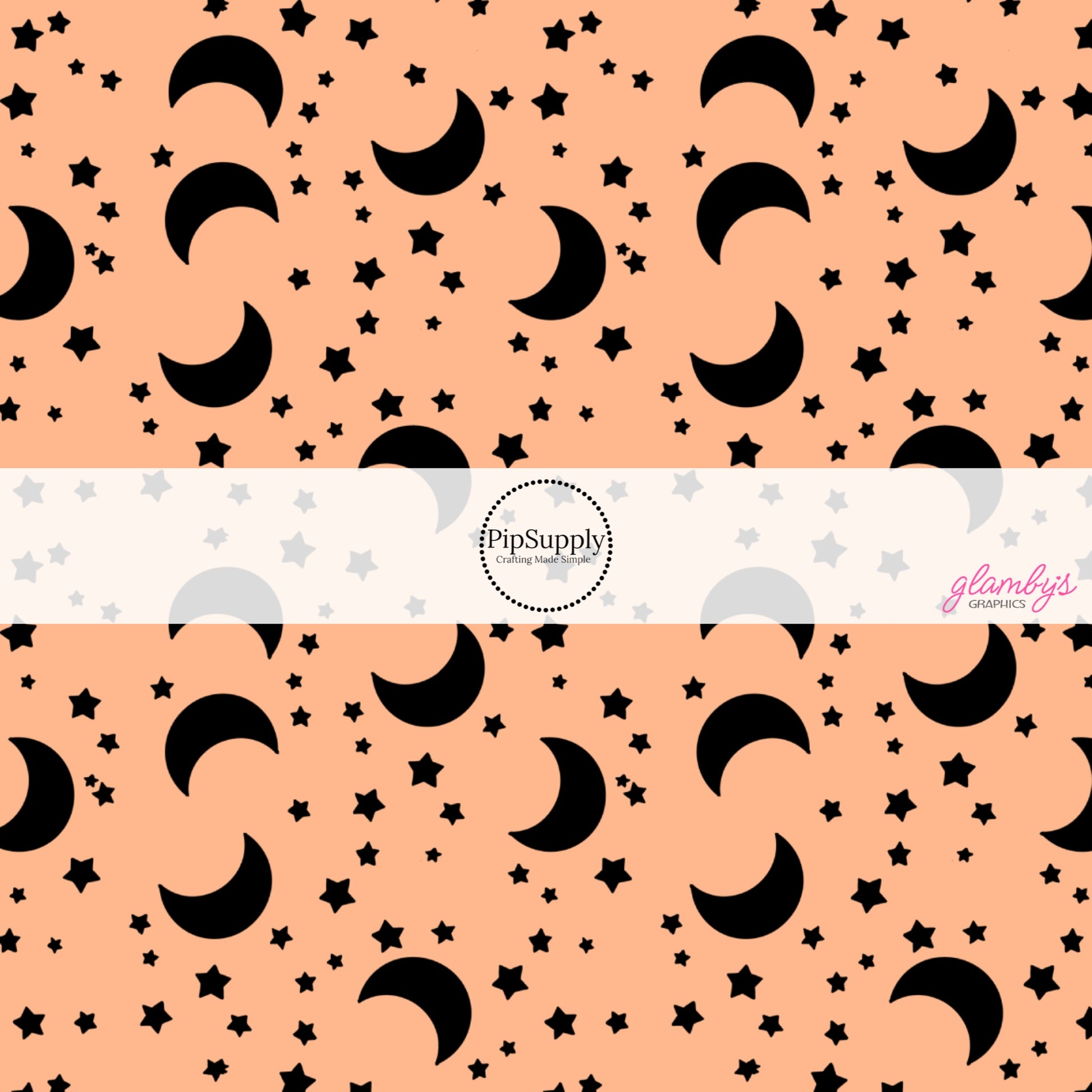 Tangerine orange fabric by the yard with black crescent moons and stars.