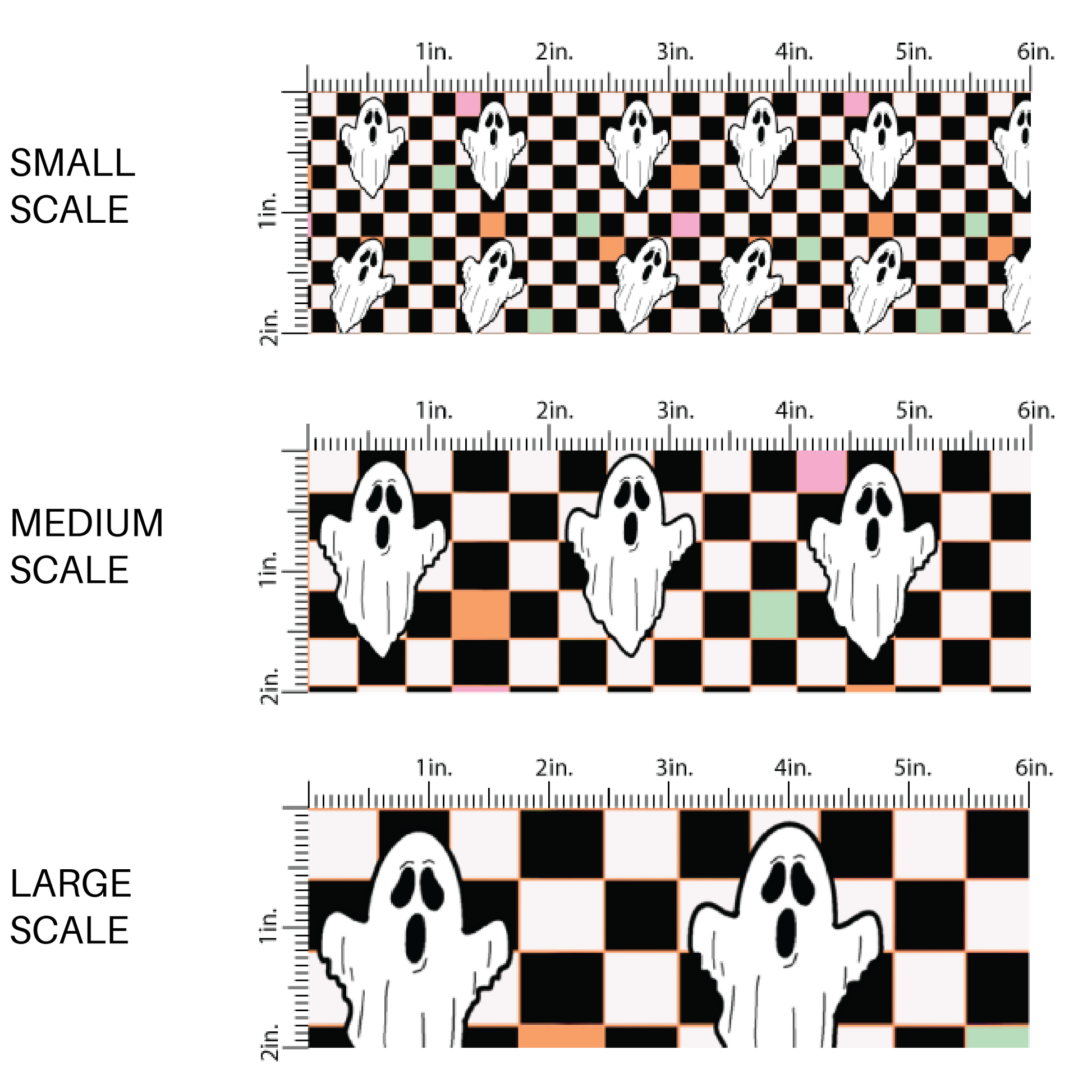 Spooky ghost on multi-colored checker print fabric by the yard scaled image guide.