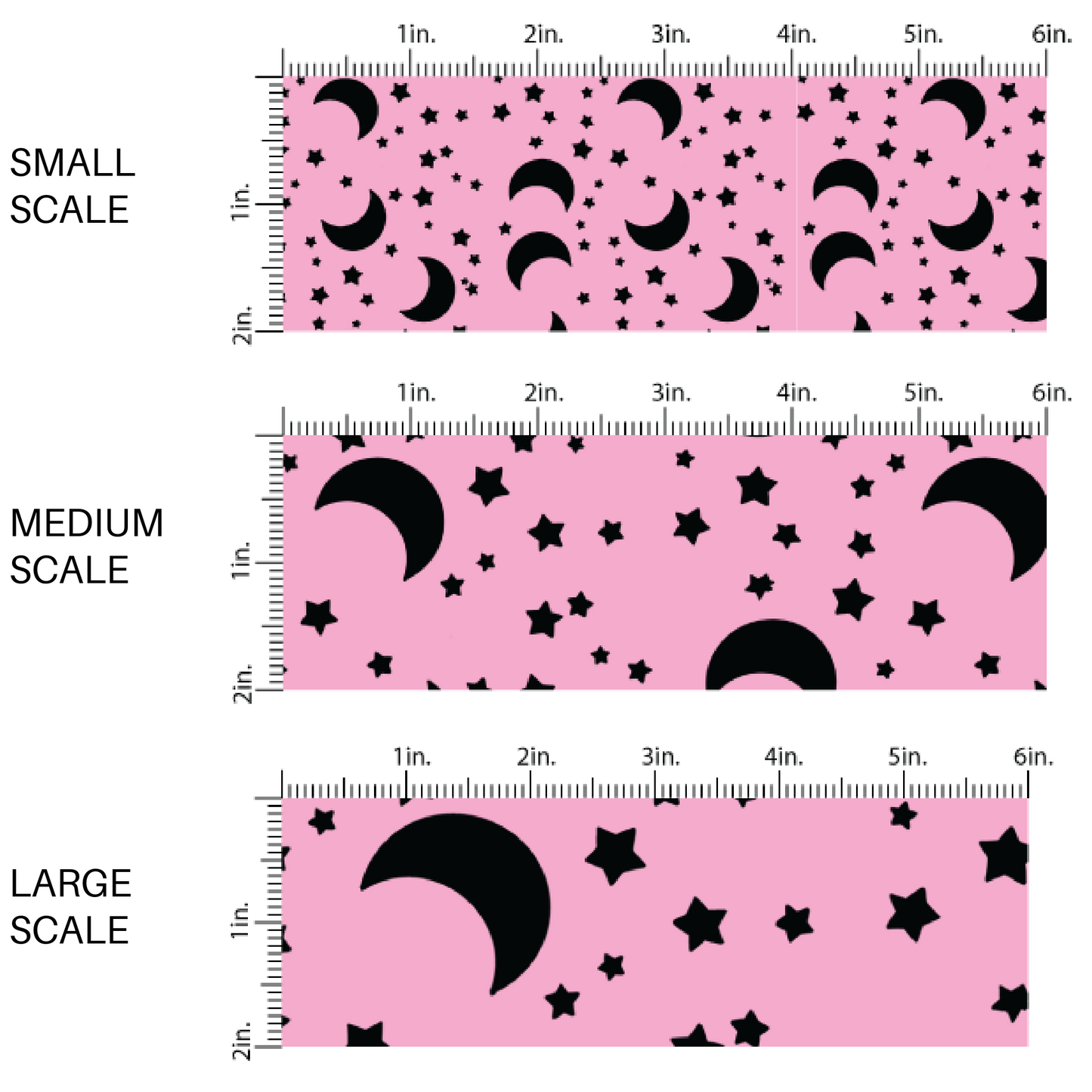 Pink fabric by the yard scaled image guide with black crescent moons and stars.