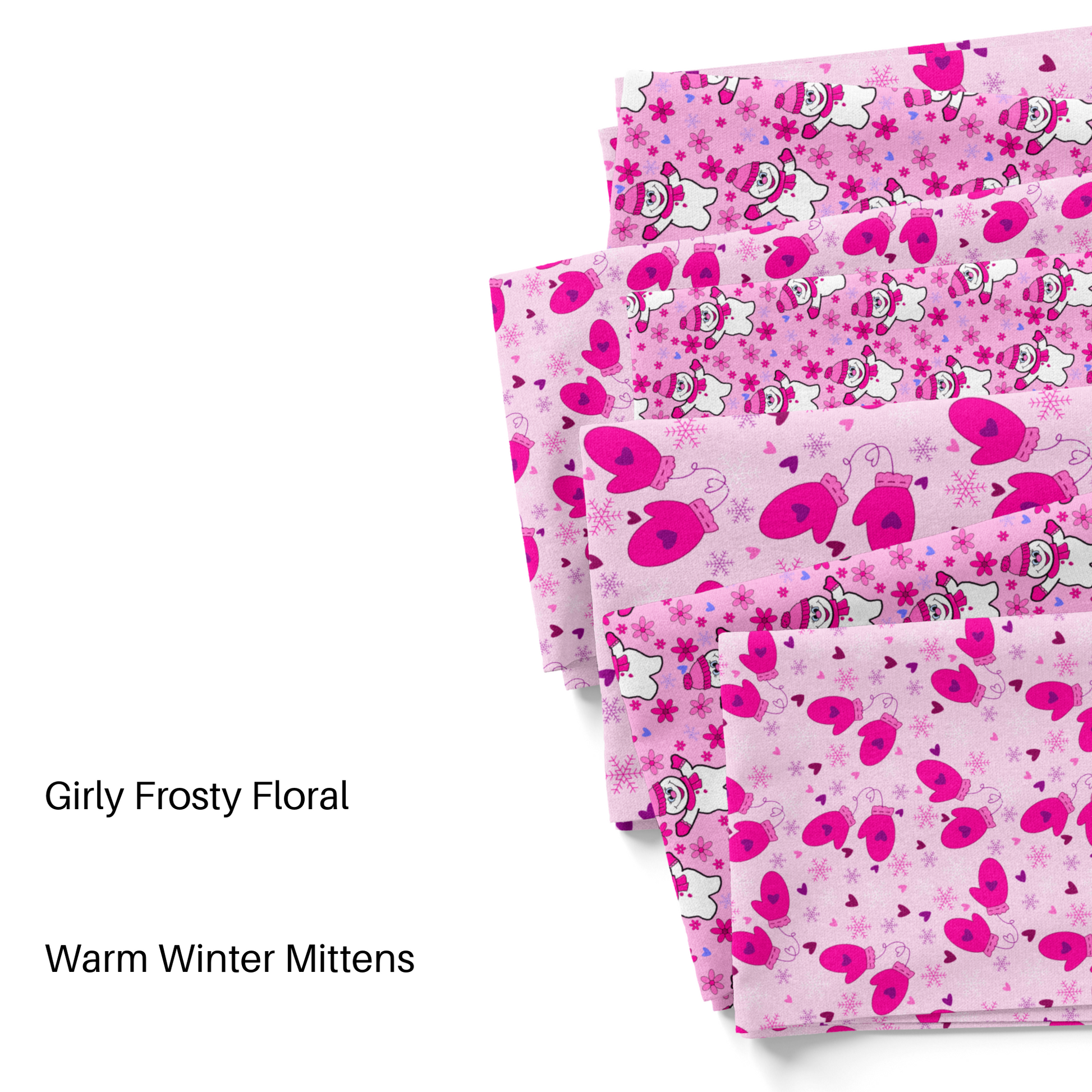 Glamby's Graphics pink Christmas collection fabric swatches.