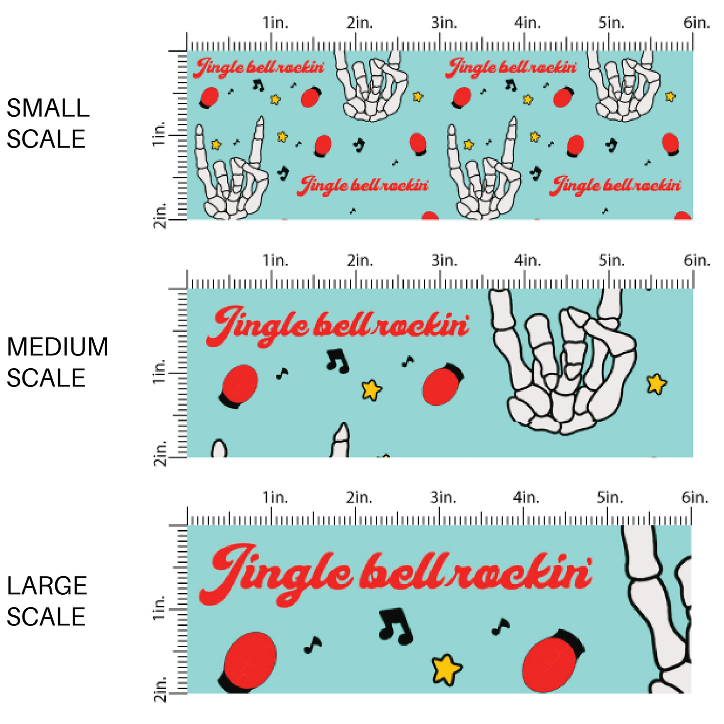 Aqua fabric by the yard scaled image guide with the phrase "Jingle Bell Rockin'", skeleton rock hands, and music notes.