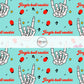 Aqua fabric by the yard with the phrase "Jingle Bell Rockin'", skeleton rock hands, and music notes. 