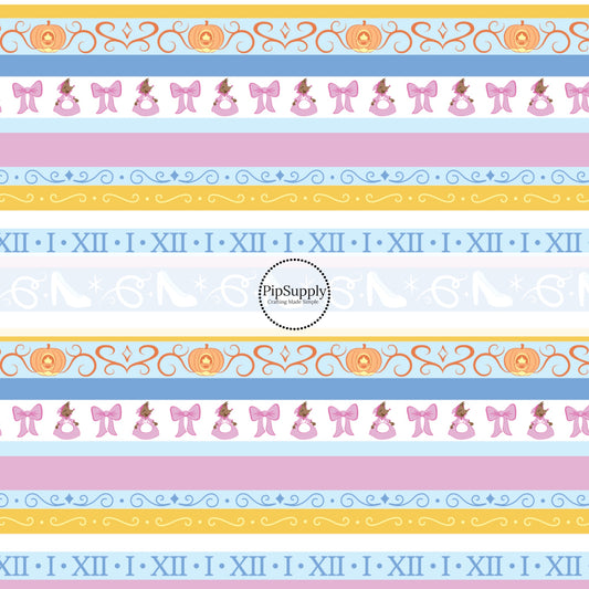 Pink and Blue striped princess fabric by the yard with glass slippers, mice, and pumpkin carriages.