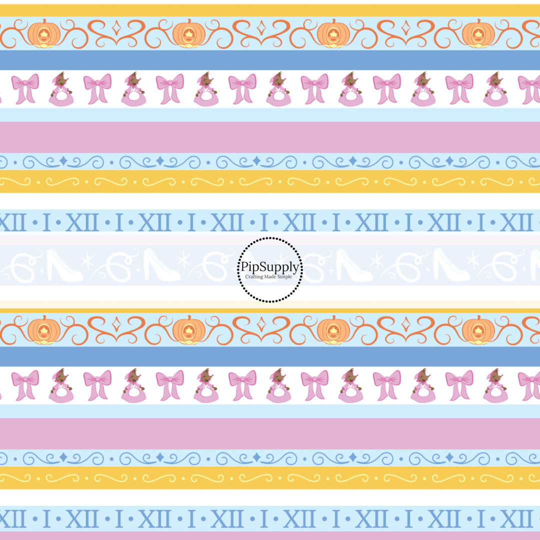 Pink and Blue striped princess fabric by the yard with glass slippers, mice, and pumpkin carriages.