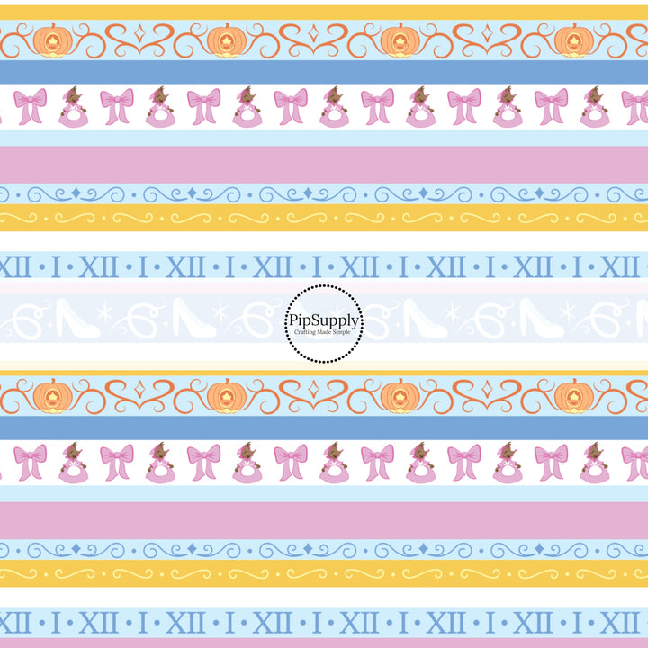 Pink and Blue striped princess fabric by the yard with glass slippers, mice, and pumpkin carriages.