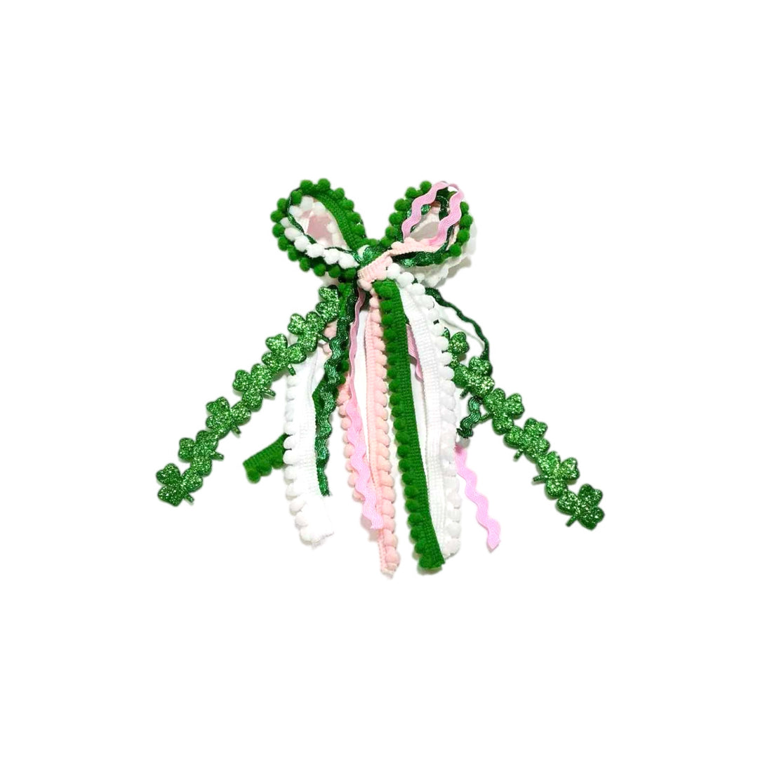 Glitter Shamrock Messy Ribbon Hair Bow Tied With Clip