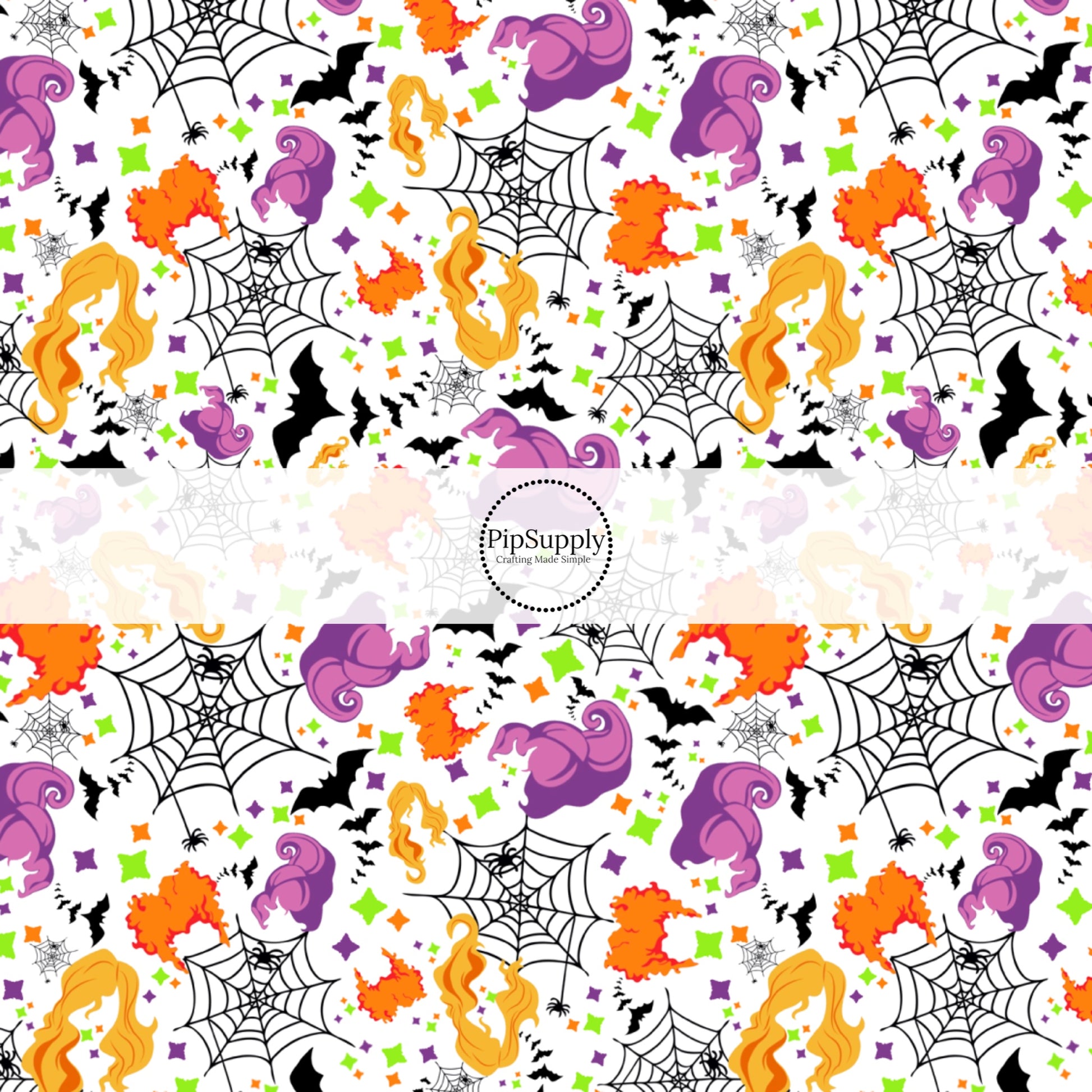 White fabric by the yard with spiderwebs, witches, and colorful stars.