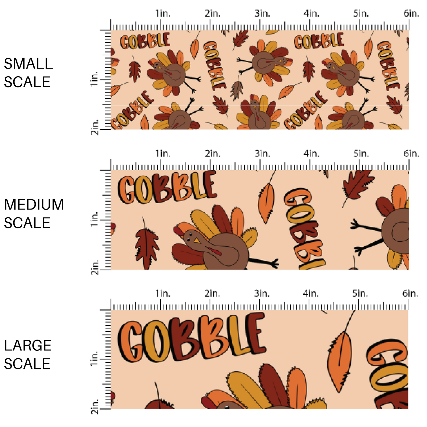 Tan fabric by the yard scaled image guide  with the phrase "Gobble" and a Turkey.