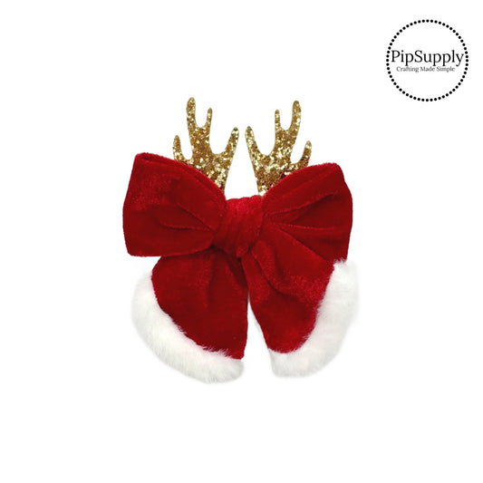 Theses gold glitter antler red holiday fur trimmed velvet ruth hair bows are ready to package and resell to your customers no sewing or measuring necessary! These come pre-tied with an attached alligator clip. The Christmas bow is perfect for all hair styles for kids and adults.