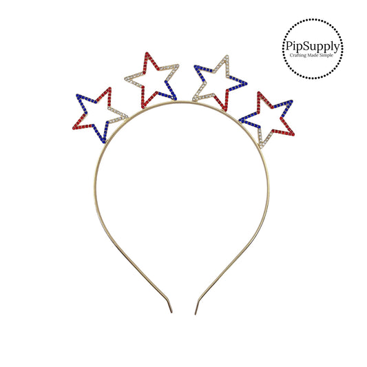 These gold patriotic headbands are a stylish hair accessory featuring red, silver, and gold rhinestone stars. These gold metal headbands are perfect for the up-do or to accent a curled hair style. These headbands are ready to wear or sell to others! Add this headband to your newest July 4th collection!!