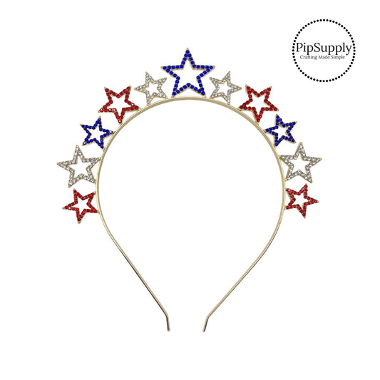 These gold patriotic headbands are a stylish hair accessory featuring red, silver, and gold rhinestone stars. These gold metal headbands are perfect for the up-do or to accent a curled hair style. These headbands are ready to wear or sell to others! Add this headband to your newest July 4th collection!!