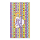 Beach towel with lavender purple, golden yellow, and blue princess stripe pattern with Lavender teacup and Tale as old as time text.