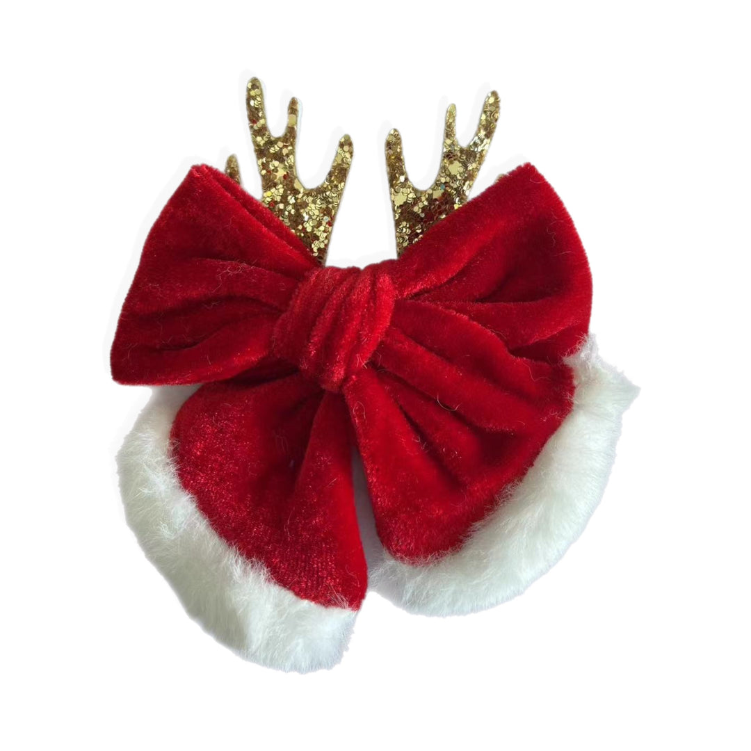Gold Glitter Antler Fur Trimmed Velvet RUTH Hair Bows w/Clip