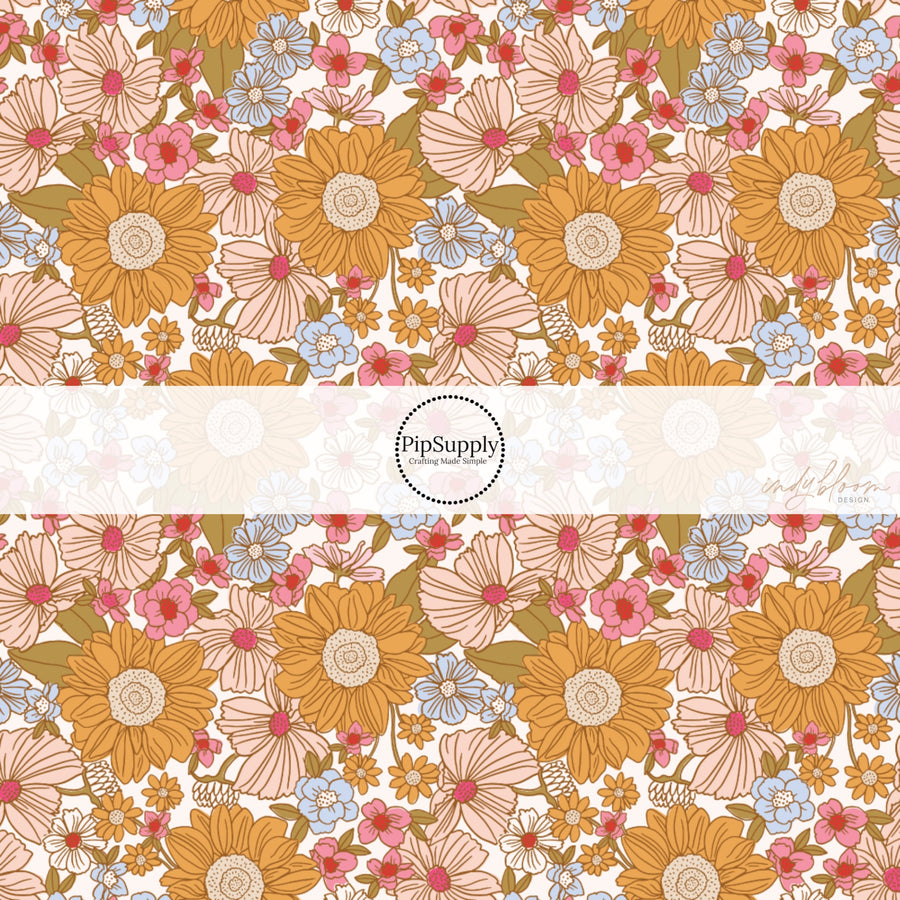 These autumn floral themed pattern fabric by the yard features the following design elements: fall flowers. This fun themed fabric can be used for all your sewing and crafting needs!