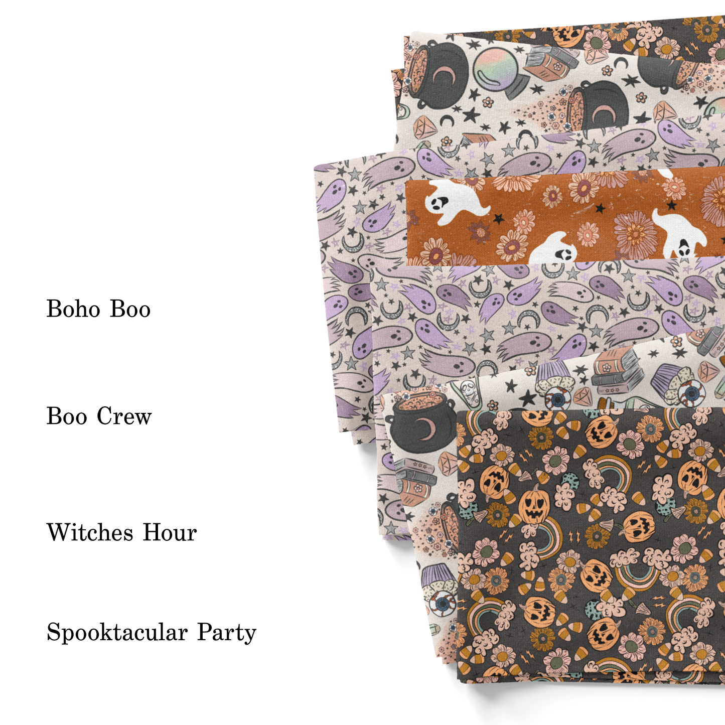 Golden June Halloween collection fabric swatches.