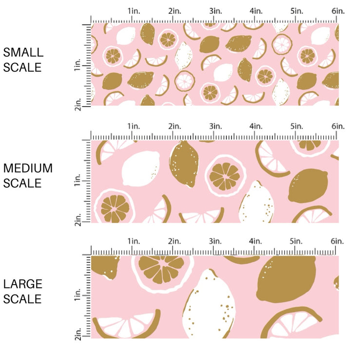 These fruit themed pattern fabric by the yard features the following design elements: lemons and lemon slices on pink. This fun themed fabric can be used for all your sewing and crafting needs!