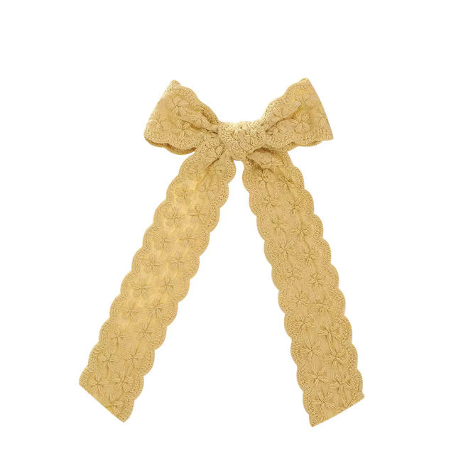 Golden Scalloped Long Tail Hair Bow w/ Clip