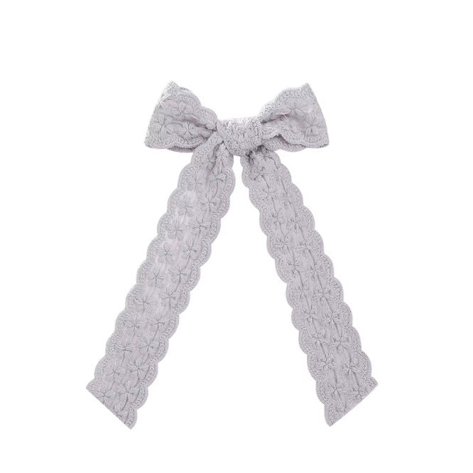 Gray Scalloped Long Tail Hair Bow w/ Clip