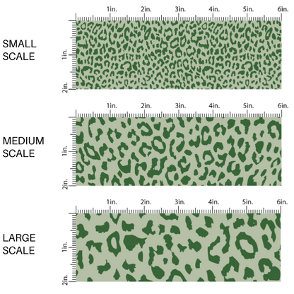 This scale chart of small scale, medium scale, and large scale of this classic leopard pattern themed fabric by the yard features green colored leopard print. This fun Valentine's Day themed fabric can be used for all your sewing and crafting needs! 