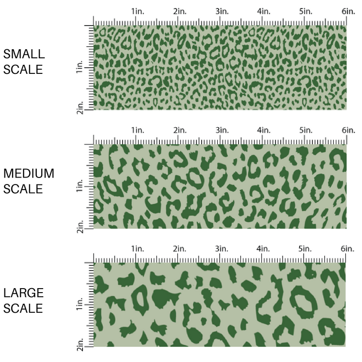 This scale chart of small scale, medium scale, and large scale of this classic leopard pattern themed fabric by the yard features green colored leopard print. This fun Valentine's Day themed fabric can be used for all your sewing and crafting needs! 