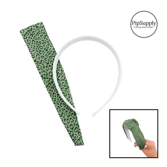 These classic leopard patterned headband kits are easy to assemble and come with everything you need to make your own knotted headband. These Valentine's Day kits include a custom printed and sewn fabric strip and a coordinating velvet headband. This headband pattern features green colored leopard print. 