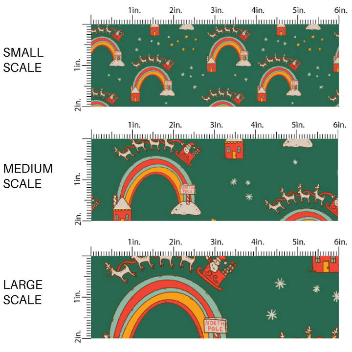 Green fabric by the yard scaled image guide with rainbows and reindeer.