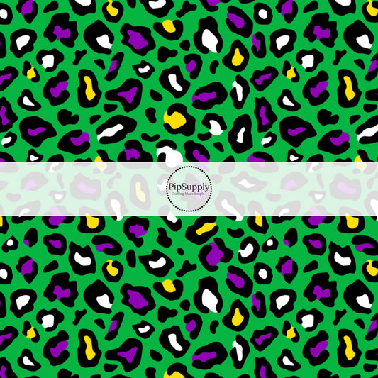 Yellow, Purple, and Green Leopard Print on Green Fabric by the Yard.