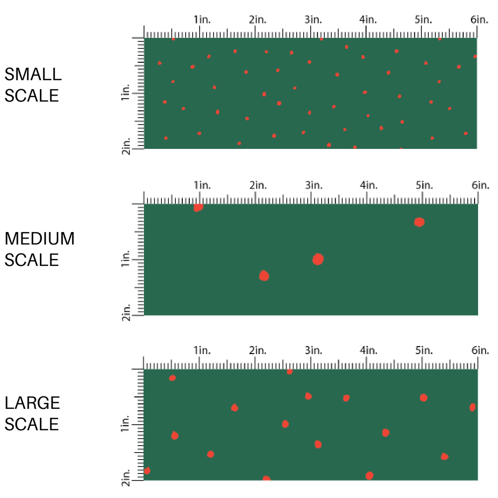 Green fabric by the yard scaled image guide with scattered red speckled dots.