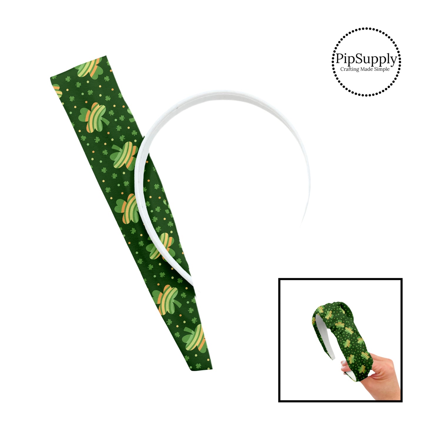 These patterned headband kits are easy to assemble and come with everything you need to make your own knotted headband. These St. Patrick's Day kits include a custom printed and sewn fabric strip and a coordinating velvet headband. This cute pattern features rainbow clovers on green. 