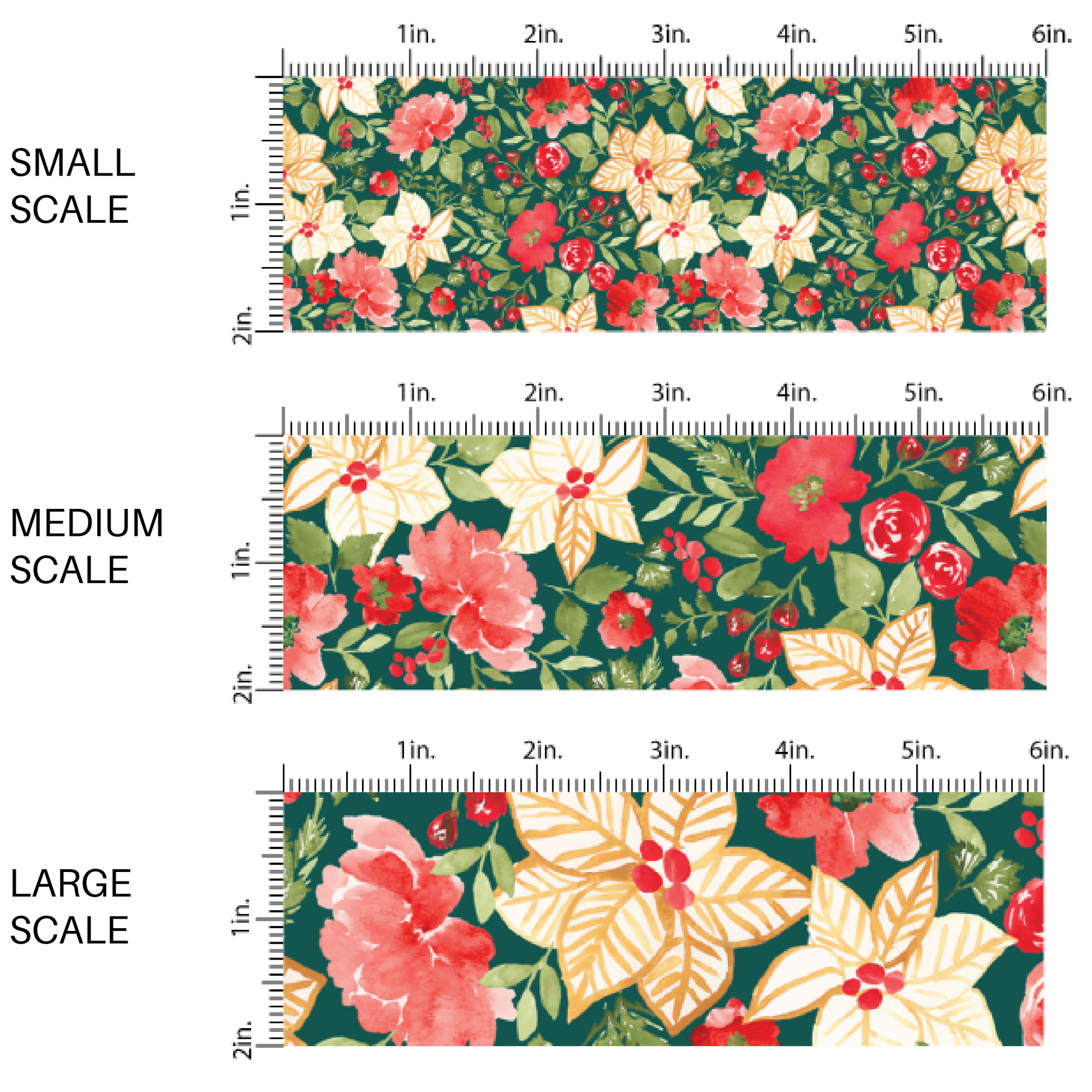 These holiday pattern themed fabric by the yard features red and ivory colored Christmas flowers on green. This fun Christmas fabric can be used for all your sewing and crafting needs!